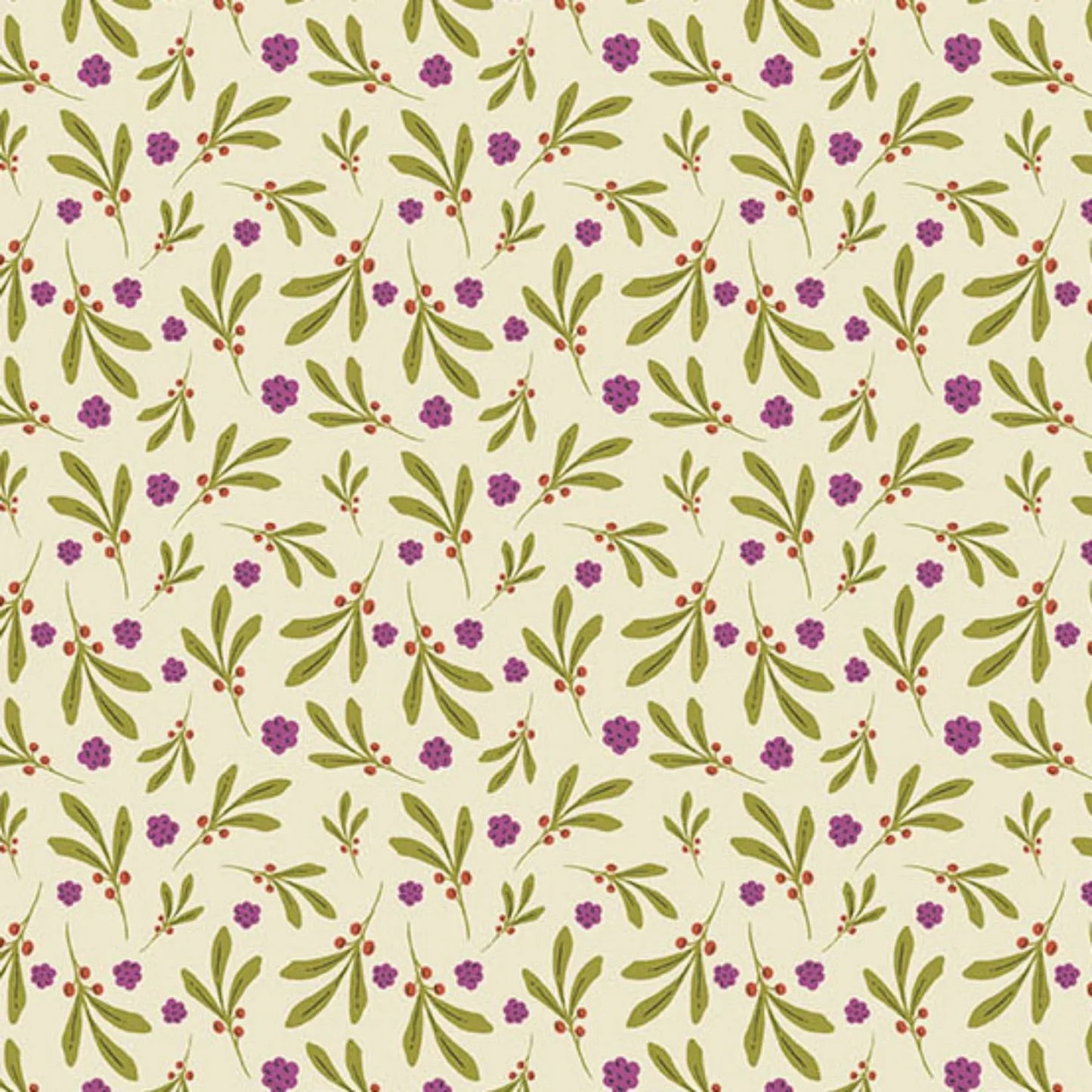 A repeating botanical pattern featuring olive green leaves and small purple flowers with tiny red berries on a warm cream background.