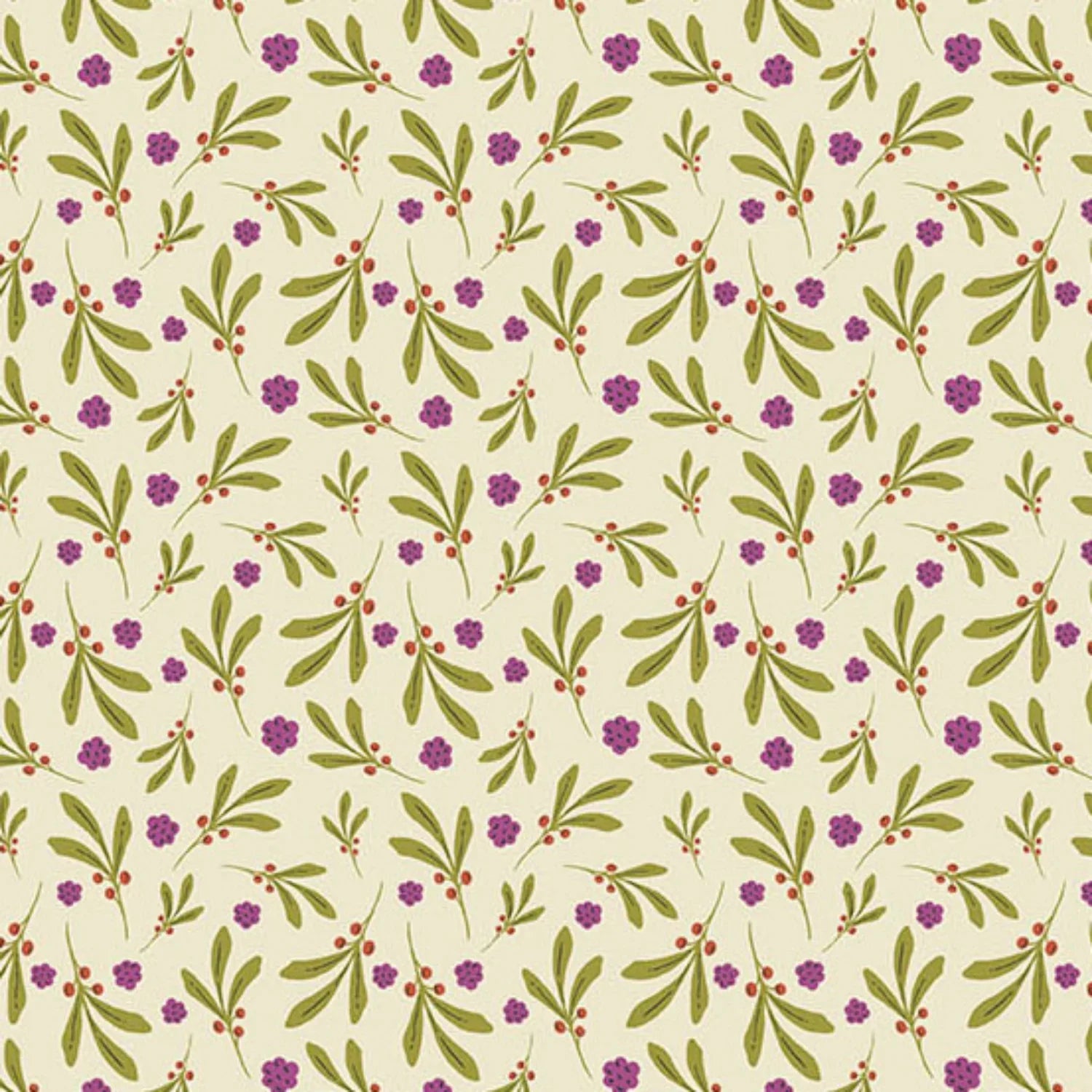 A repeating botanical pattern featuring olive green leaves and small purple flowers with tiny red berries on a warm cream background.