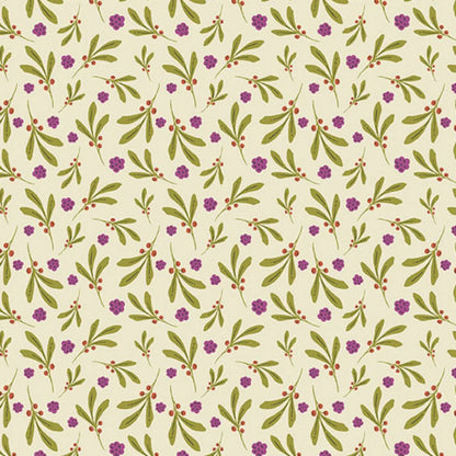 A repeating botanical pattern featuring olive green leaves and small purple flowers with tiny red berries on a warm cream background.