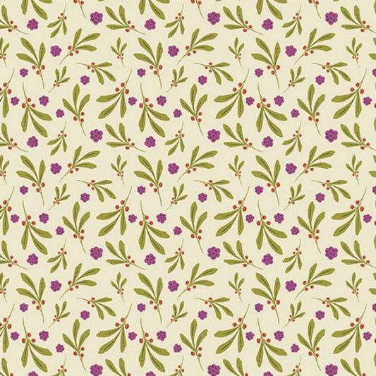 A repeating botanical pattern featuring olive green leaves and small purple flowers with tiny red berries on a warm cream background.