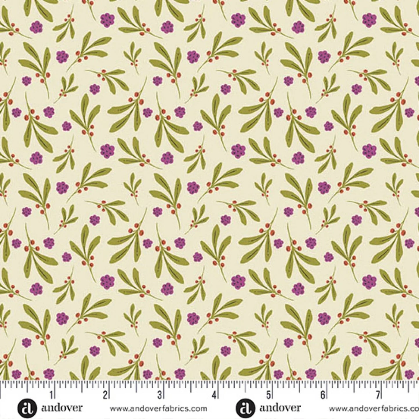 A repeating botanical fabric pattern featuring olive green leaves and small purple flowers with tiny red berries on a warm cream background. Ruler at the bottom for scale.