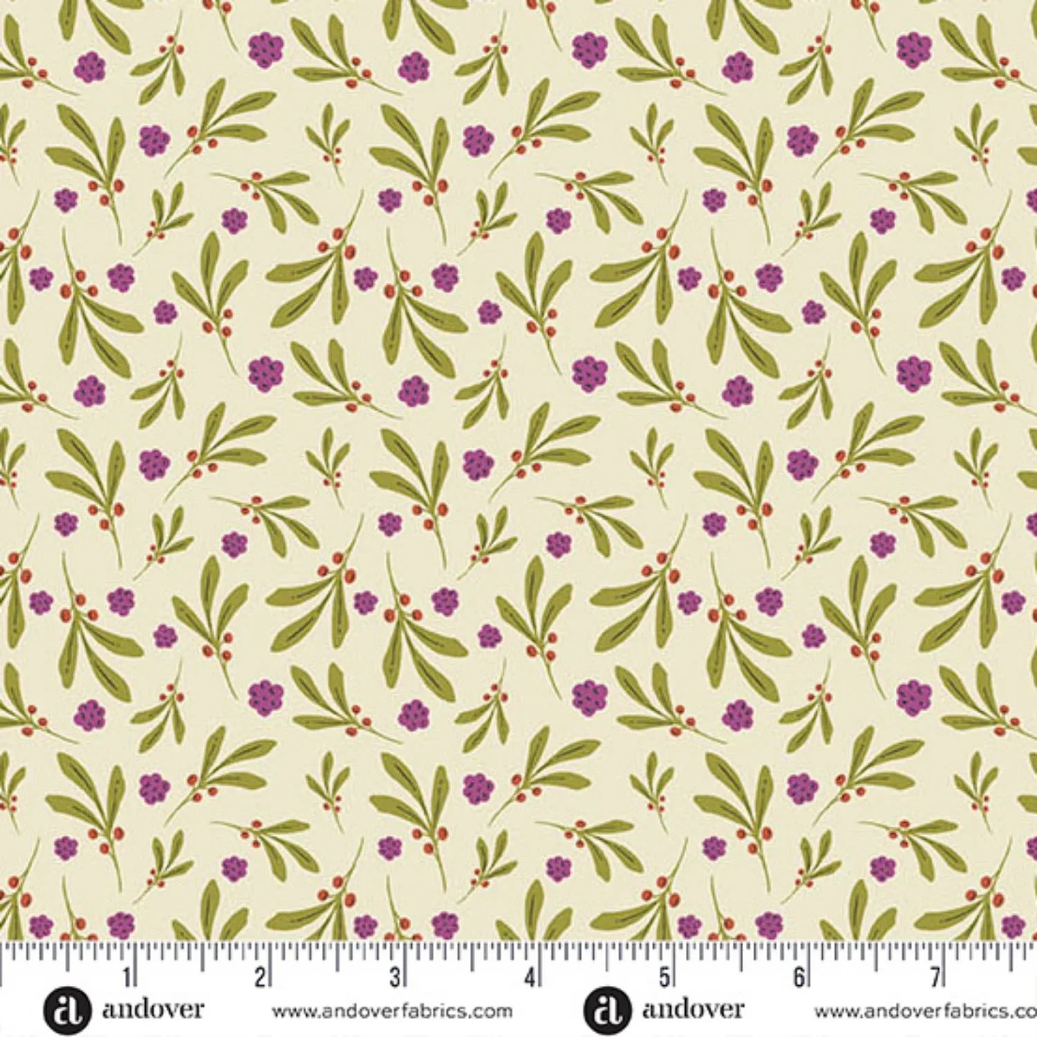 A repeating botanical fabric pattern featuring olive green leaves and small purple flowers with tiny red berries on a warm cream background. Ruler at the bottom for scale.