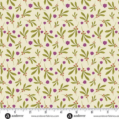 A repeating botanical fabric pattern featuring olive green leaves and small purple flowers with tiny red berries on a warm cream background. Ruler at the bottom for scale.