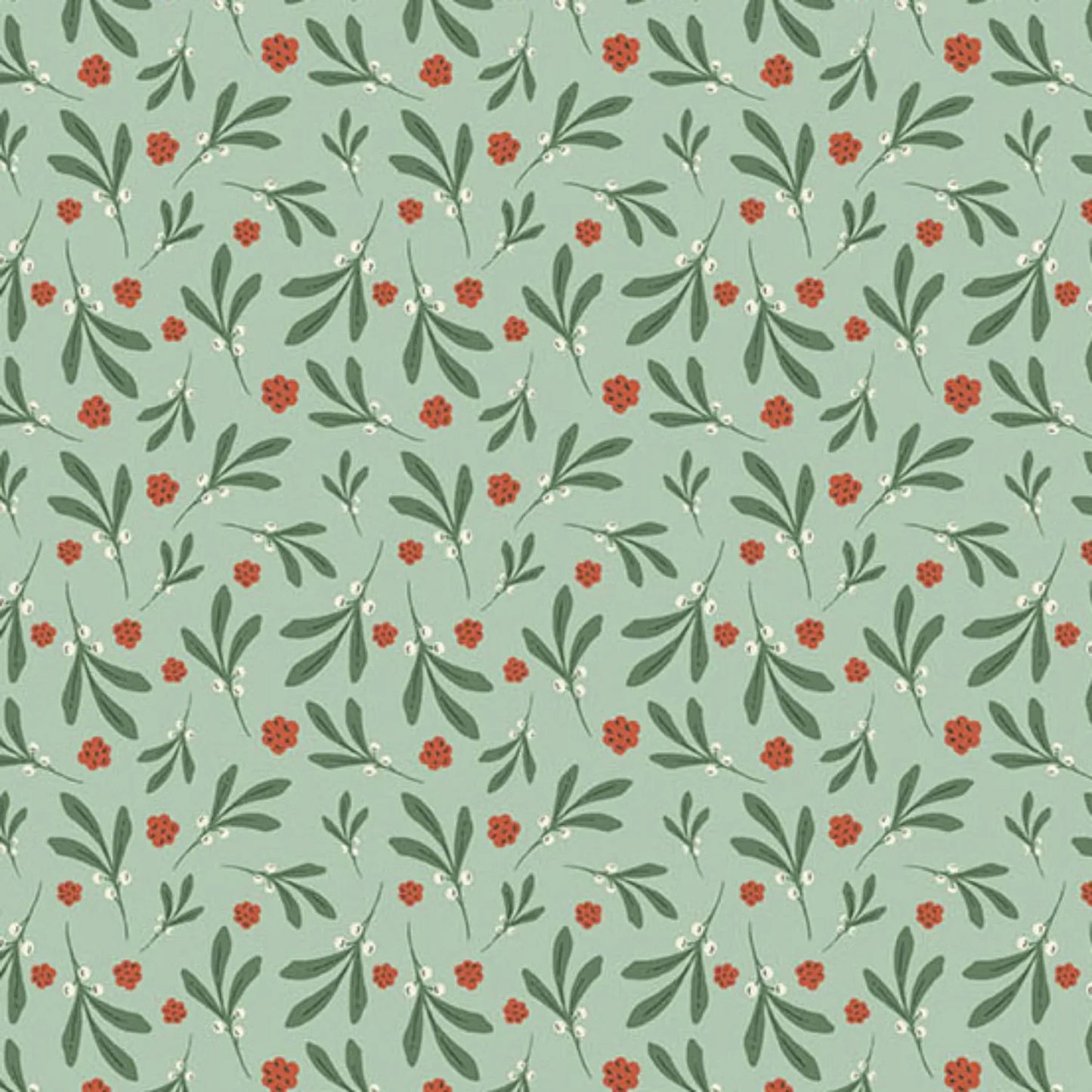 A repeating botanical pattern featuring green leaves and small red berries on a soft teal background.