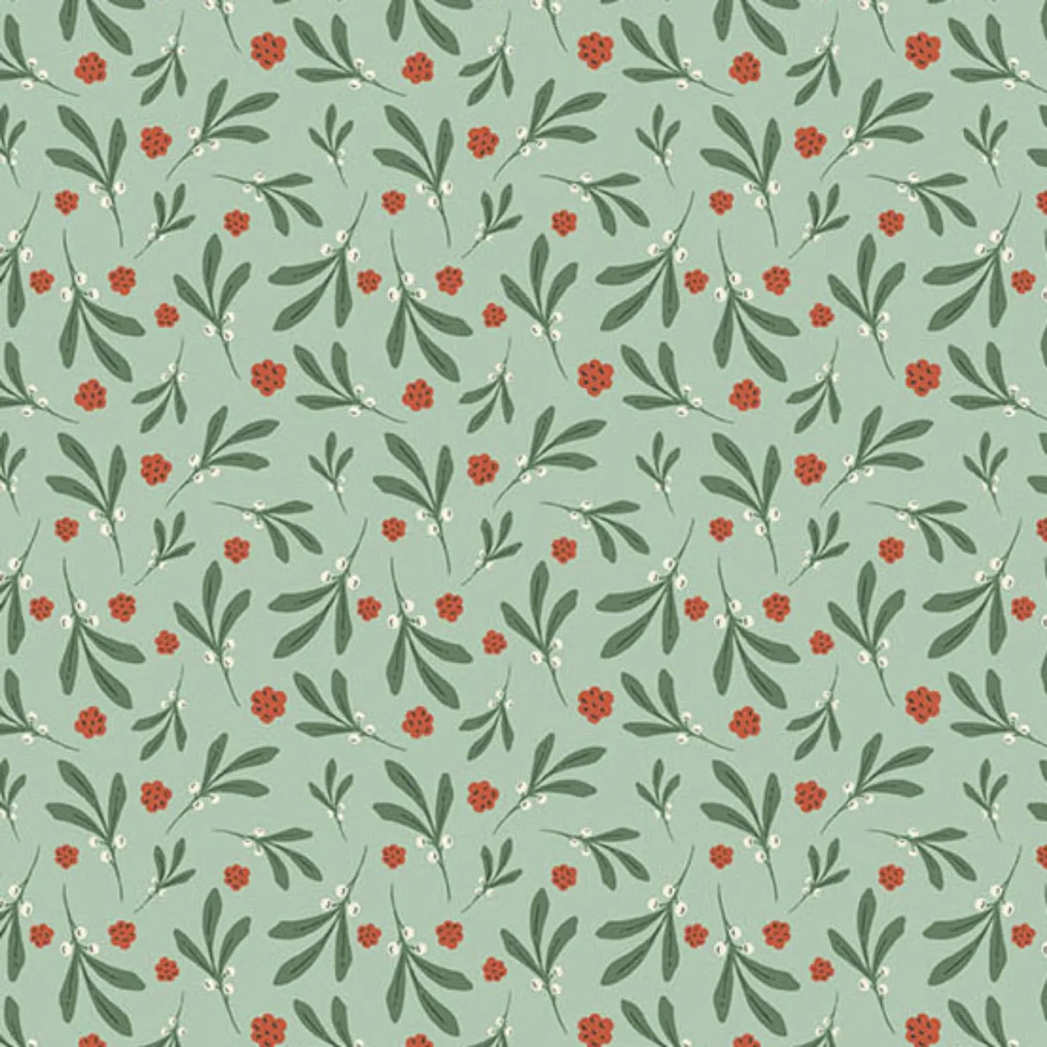 A repeating botanical pattern featuring green leaves and small red berries on a soft teal background.