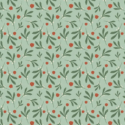 A repeating botanical pattern featuring green leaves and small red berries on a soft teal background.