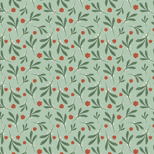 A repeating botanical pattern featuring green leaves and small red berries on a soft teal background.