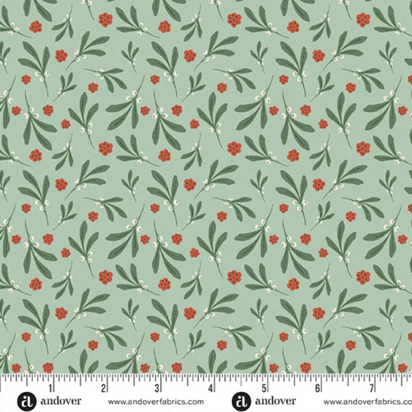 A repeating botanical pattern featuring green leaves and small red berries on a soft teal background. Ruler at the bottom for scale.