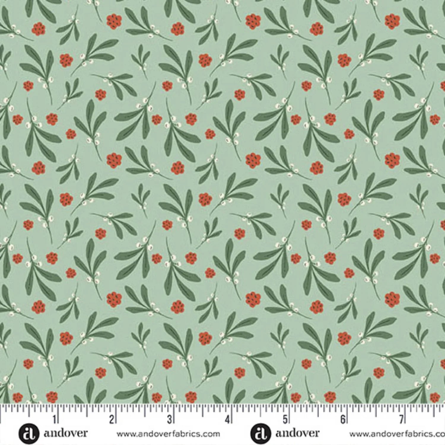 A repeating botanical pattern featuring green leaves and small red berries on a soft teal background. Ruler at the bottom for scale.
