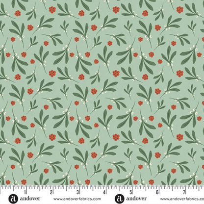 A repeating botanical pattern featuring green leaves and small red berries on a soft teal background. Ruler at the bottom for scale.