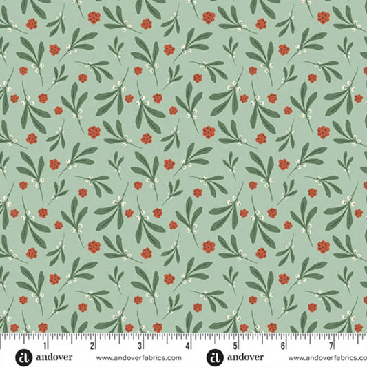 A repeating botanical pattern featuring green leaves and small red berries on a soft teal background. Ruler at the bottom for scale.