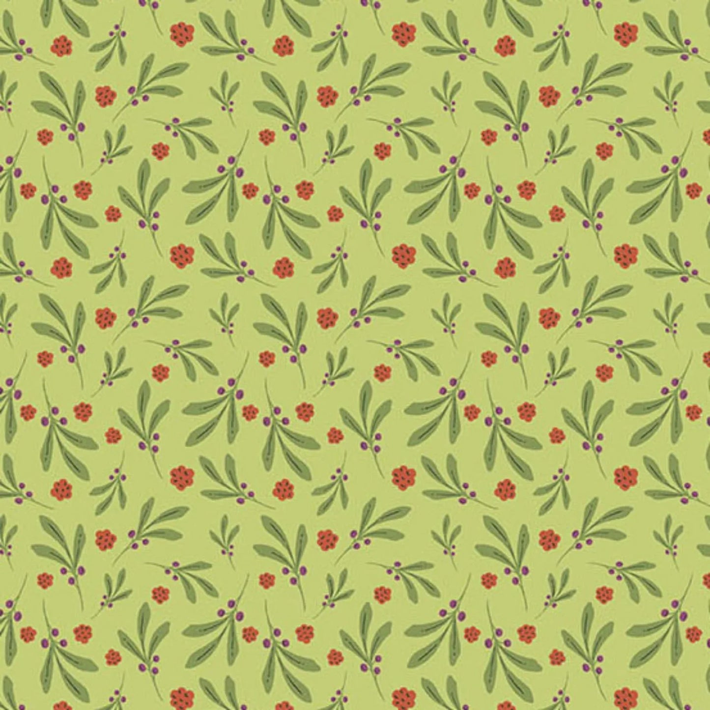 A repeating botanical pattern featuring green leaves and small red flowers with purple berries on a bright green background.