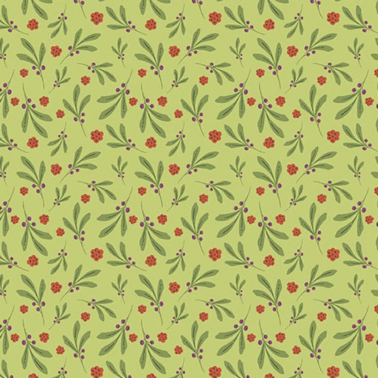 A repeating botanical pattern featuring green leaves and small red flowers with purple berries on a bright green background.