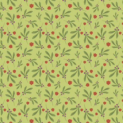 A repeating botanical pattern featuring green leaves and small red flowers with purple berries on a bright green background.