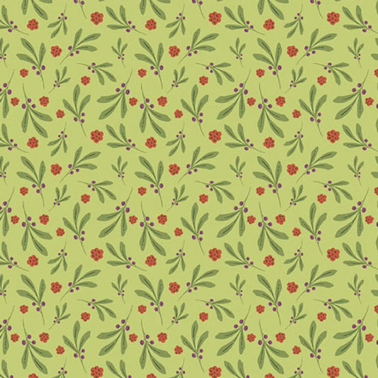 A repeating botanical pattern featuring green leaves and small red flowers with purple berries on a bright green background.