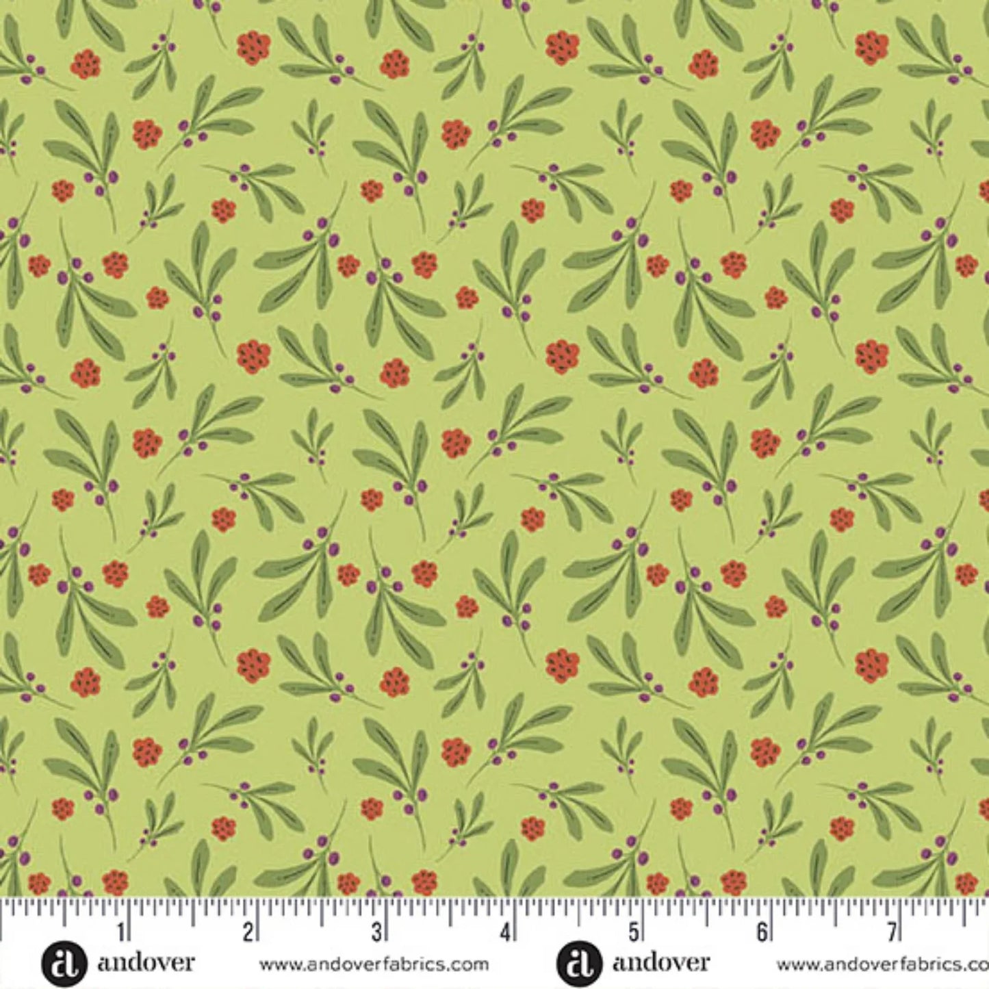 A repeating botanical pattern featuring green leaves and small red flowers with purple berries on a bright green background. Ruler at the bottom for scale.