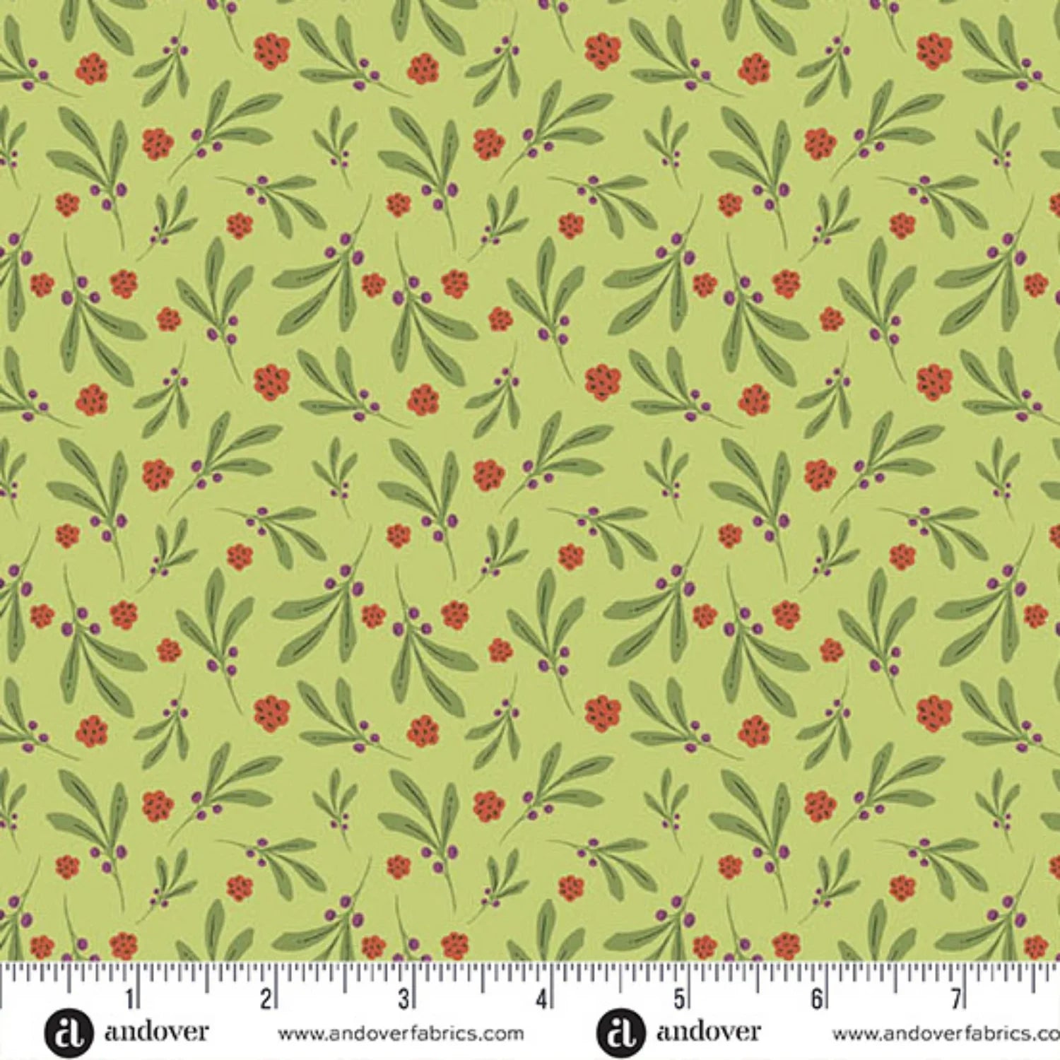 A repeating botanical pattern featuring green leaves and small red flowers with purple berries on a bright green background. Ruler at the bottom for scale.