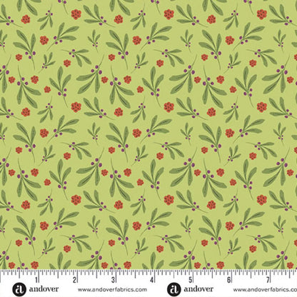 A repeating botanical pattern featuring green leaves and small red flowers with purple berries on a bright green background. Ruler at the bottom for scale.