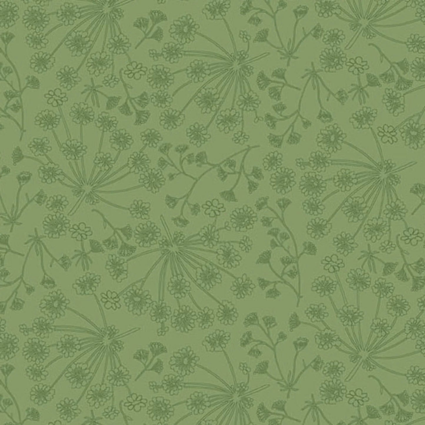 A repeating botanical pattern in muted green, featuring delicate line-drawn flowers, stems, and seed heads over a solid spring-green background.