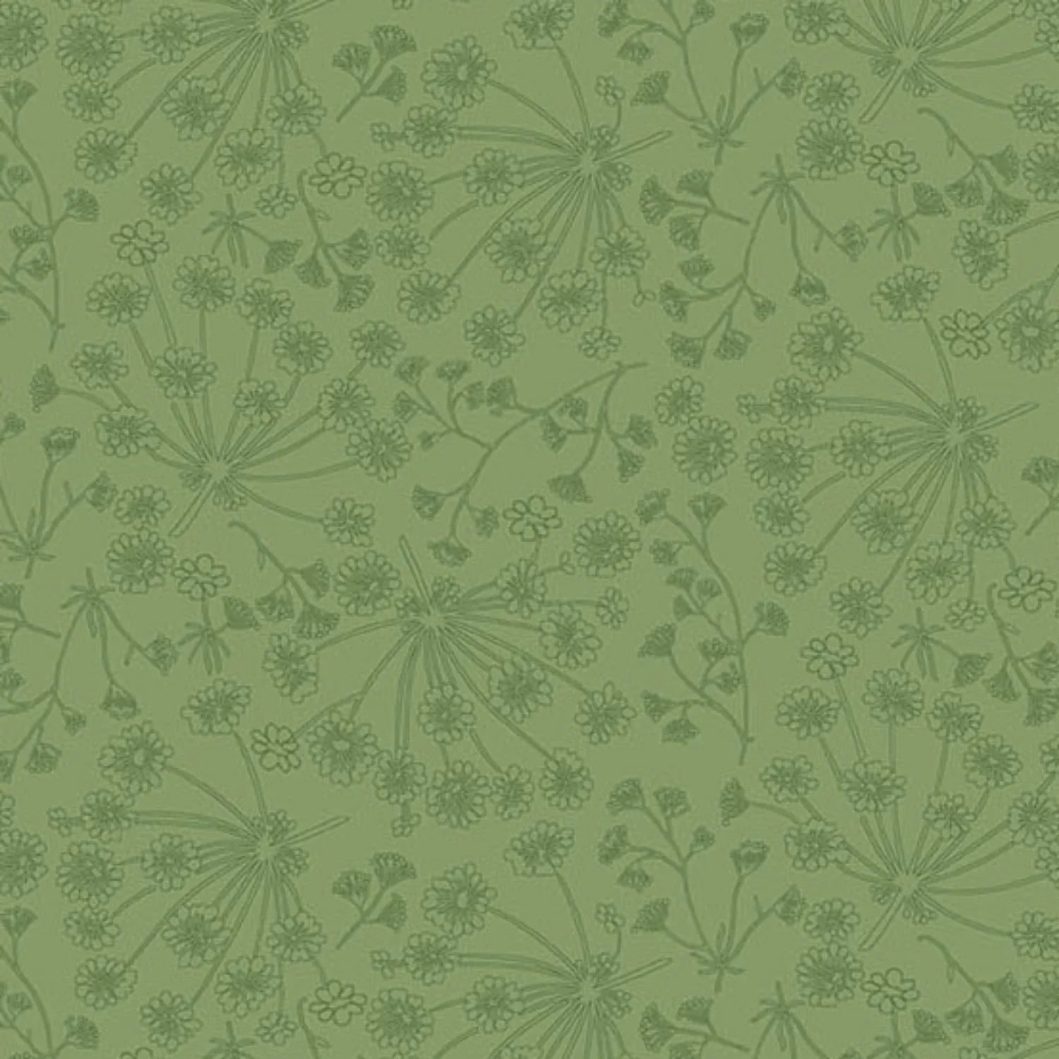 A repeating botanical pattern in muted green, featuring delicate line-drawn flowers, stems, and seed heads over a solid spring-green background.