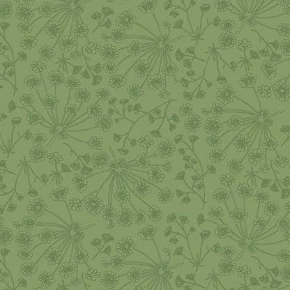 A repeating botanical pattern in muted green, featuring delicate line-drawn flowers, stems, and seed heads over a solid spring-green background.