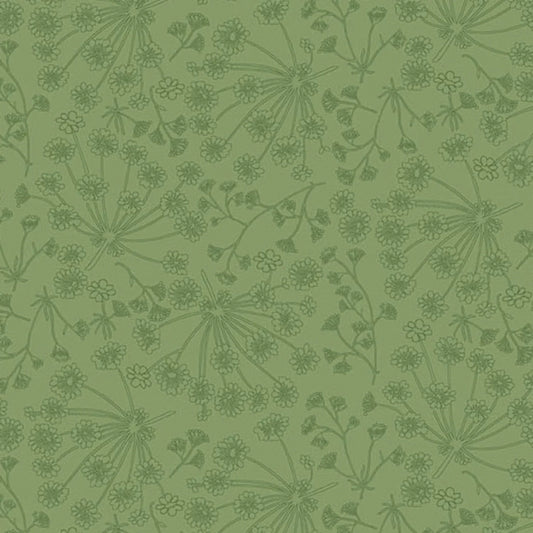A repeating botanical pattern in muted green, featuring delicate line-drawn flowers, stems, and seed heads over a solid spring-green background.