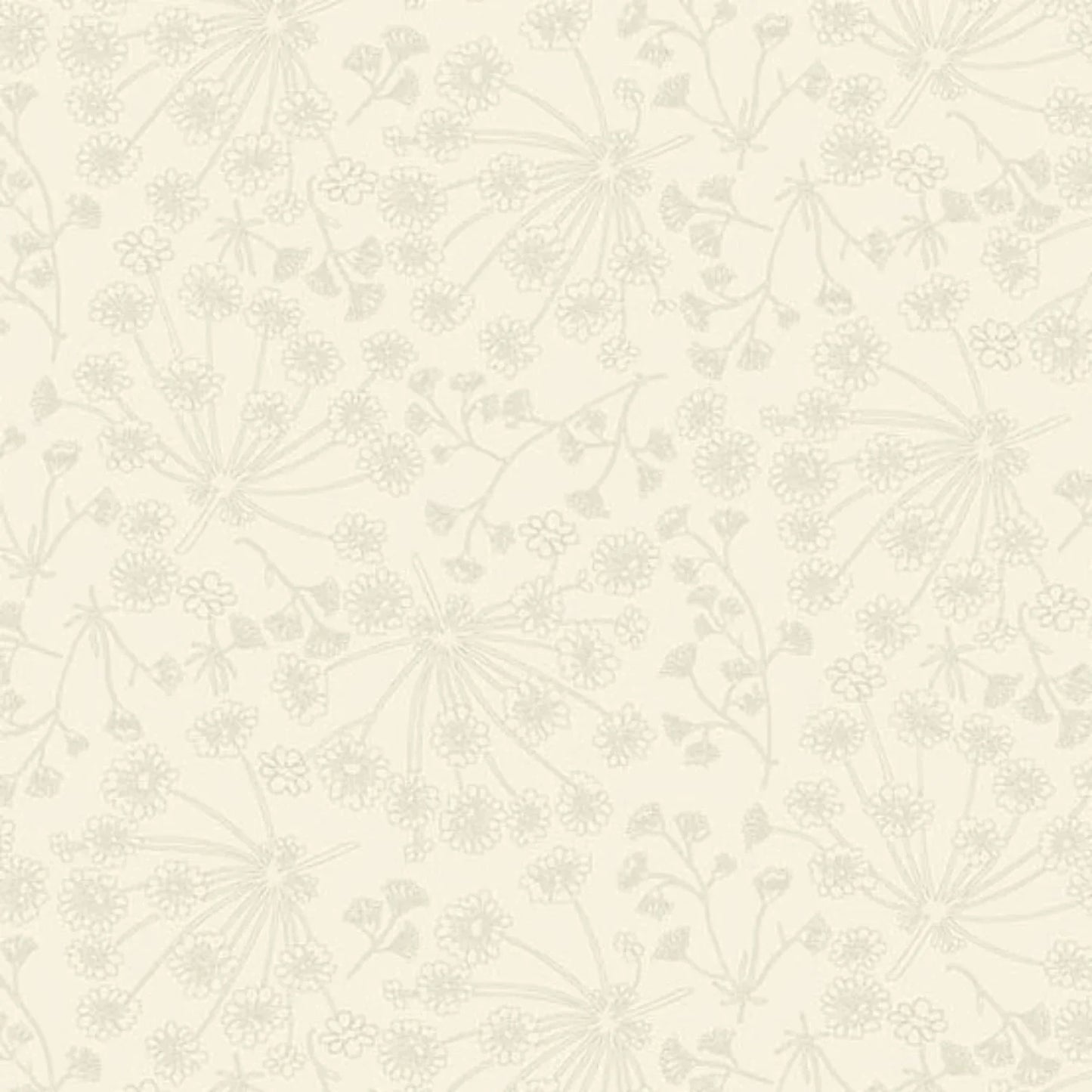 A repeating line-art floral pattern in soft, warm beige and light taupe on a cream background.