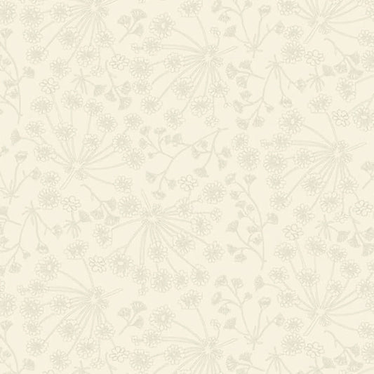 A repeating line-art floral pattern in soft, warm beige and light taupe on a cream background.