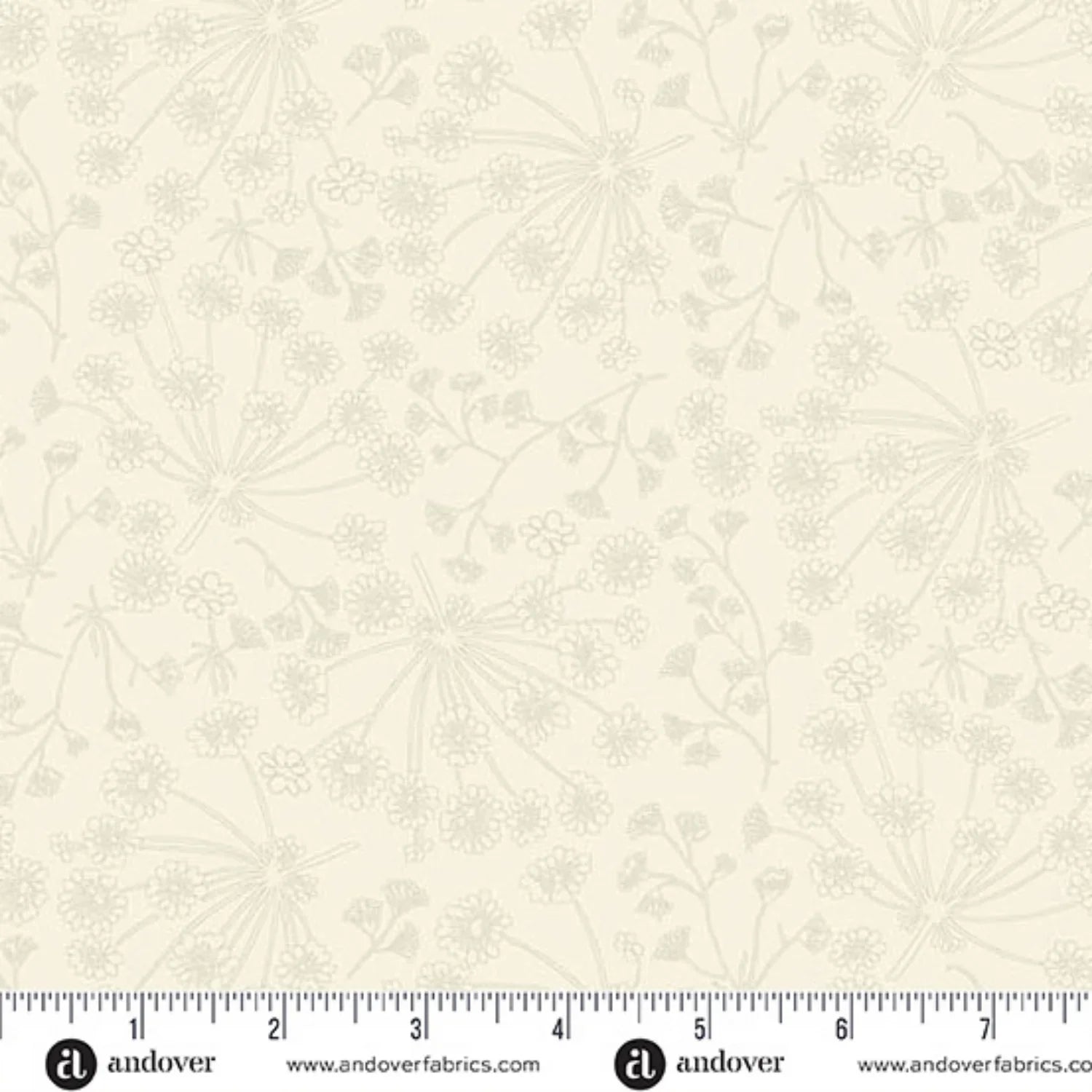 A repeating line-art floral pattern in soft, warm beige and light taupe on a cream background. Ruler at the bottom for scale.