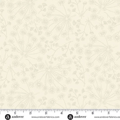 A repeating line-art floral pattern in soft, warm beige and light taupe on a cream background. Ruler at the bottom for scale.