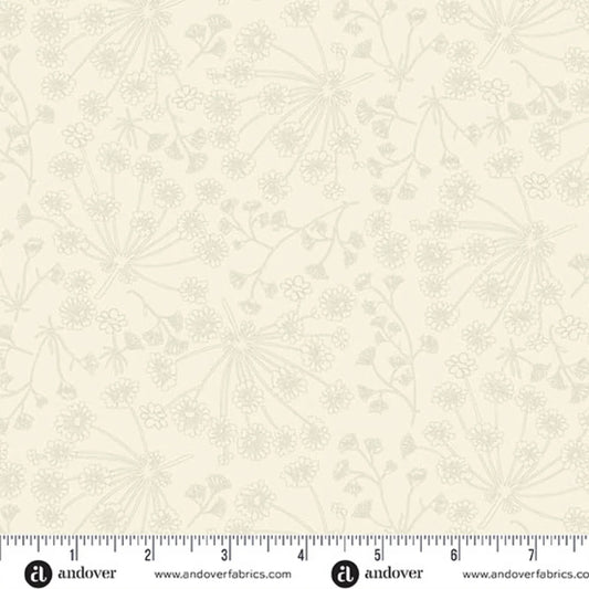A repeating line-art floral pattern in soft, warm beige and light taupe on a cream background. Ruler at the bottom for scale.