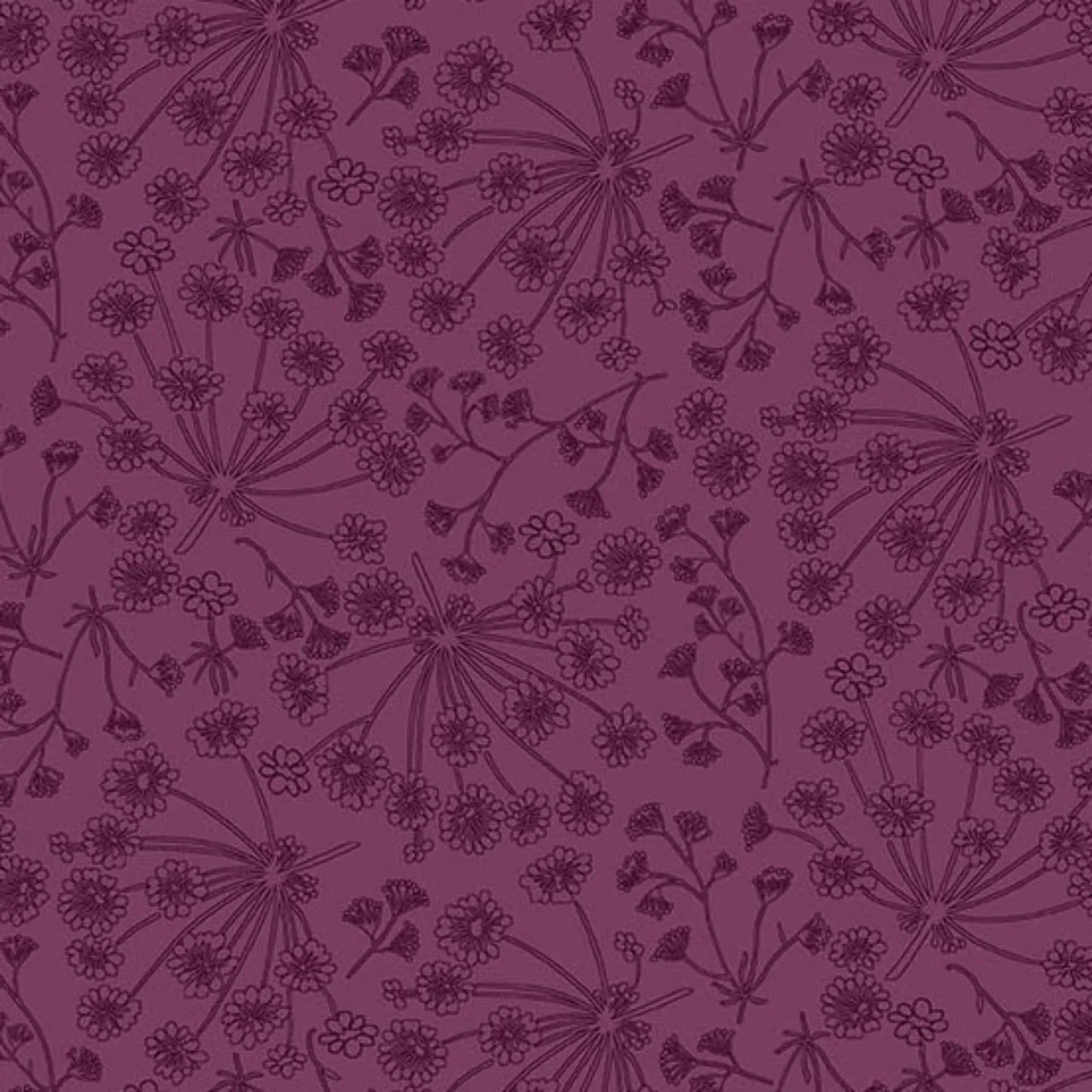 A repeating line-art floral pattern in dark plum purple on a slightly lighter mauve-purple background.