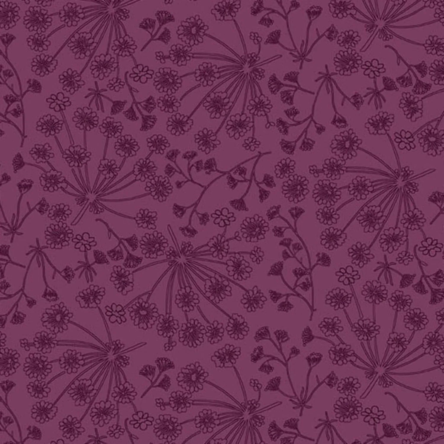 A repeating line-art floral pattern in dark plum purple on a slightly lighter mauve-purple background.