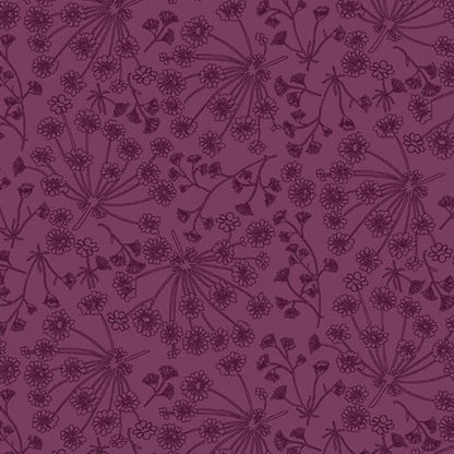 A repeating line-art floral pattern in dark plum purple on a slightly lighter mauve-purple background.