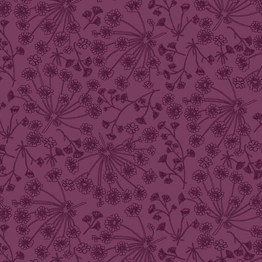 A repeating line-art floral pattern in dark plum purple on a slightly lighter mauve-purple background.