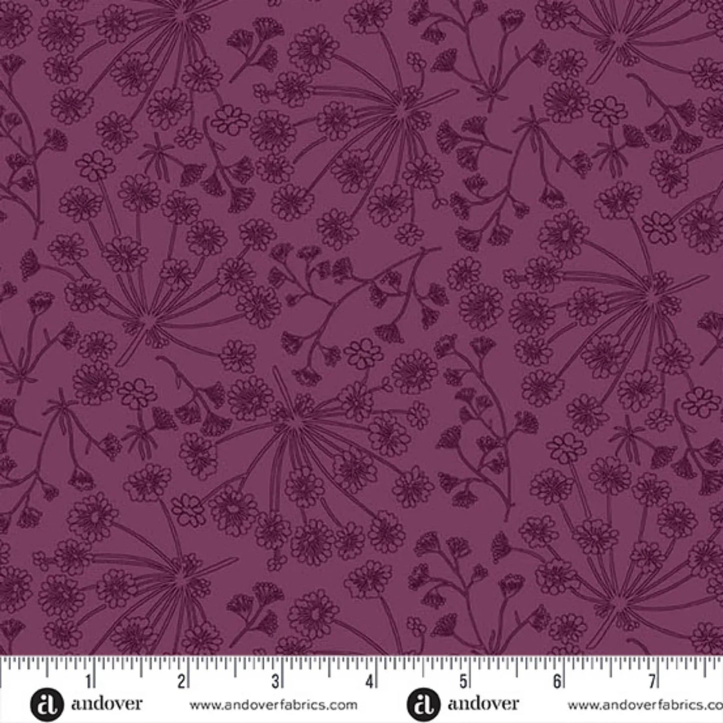 A repeating line-art floral pattern in dark plum purple on a slightly lighter mauve-purple background. Ruler at the bottom for scale.