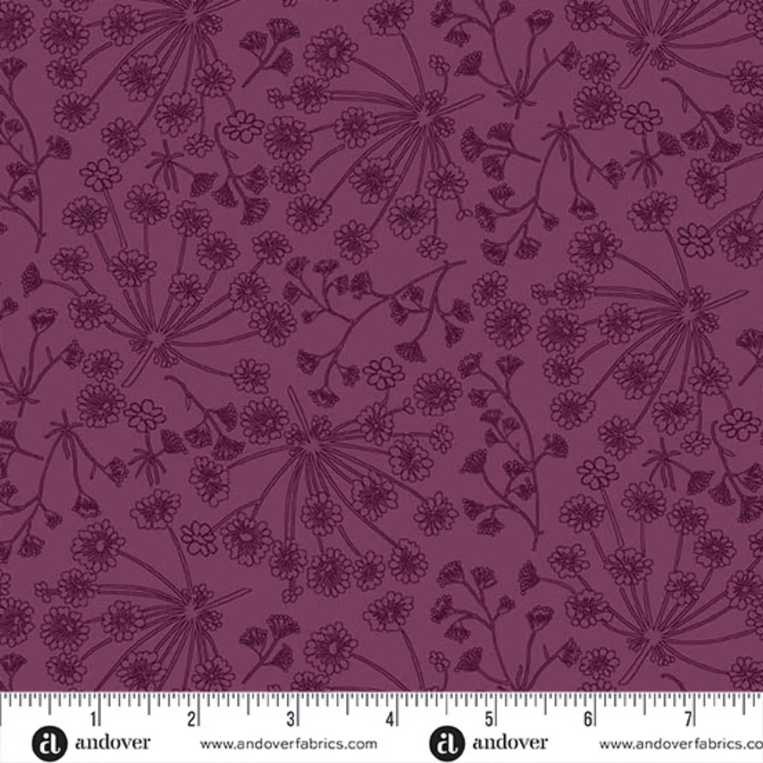 A repeating line-art floral pattern in dark plum purple on a slightly lighter mauve-purple background. Ruler at the bottom for scale.