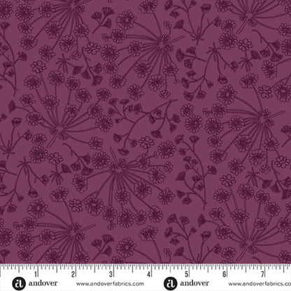 A repeating line-art floral pattern in dark plum purple on a slightly lighter mauve-purple background. Ruler at the bottom for scale.