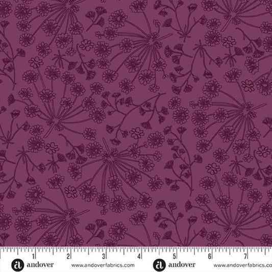 A repeating line-art floral pattern in dark plum purple on a slightly lighter mauve-purple background. Ruler at the bottom for scale.