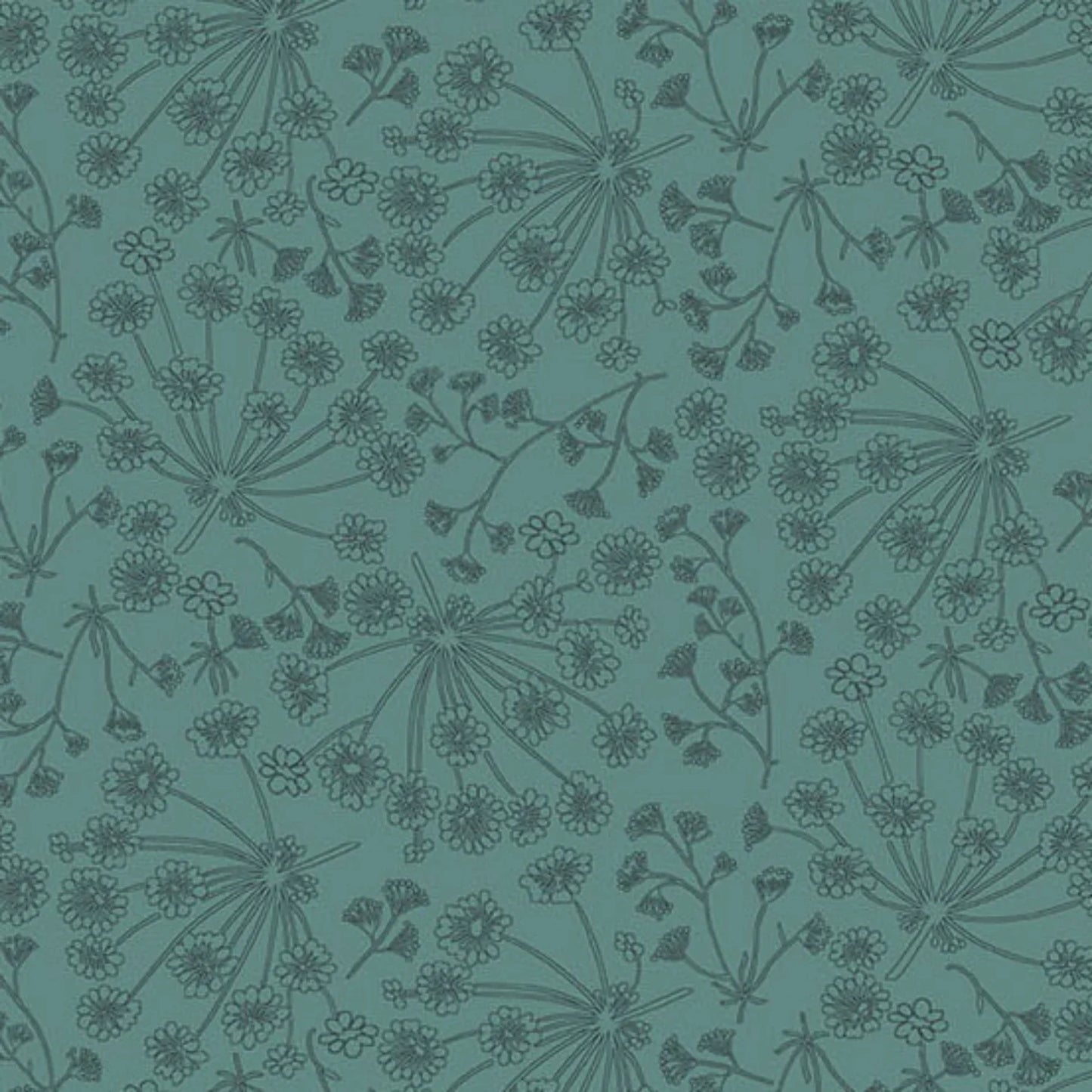 A repeating botanical pattern featuring delicate angelica wildflower stems and tiny blossoms on a cool teal-blue background. 