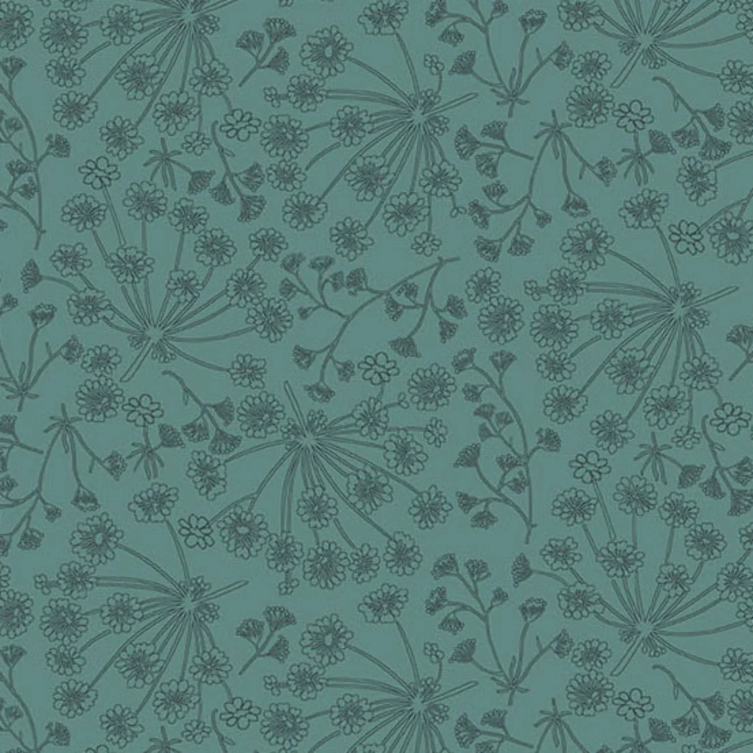 A repeating botanical pattern featuring delicate angelica wildflower stems and tiny blossoms on a cool teal-blue background. 