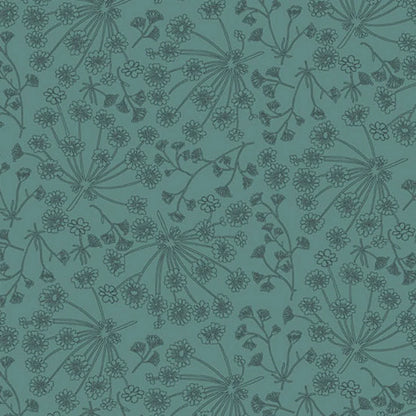 A repeating botanical pattern featuring delicate angelica wildflower stems and tiny blossoms on a cool teal-blue background. 