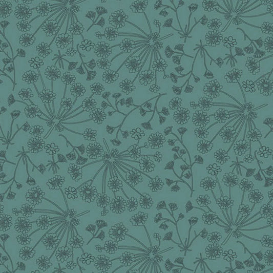 A repeating botanical pattern featuring delicate angelica wildflower stems and tiny blossoms on a cool teal-blue background. 