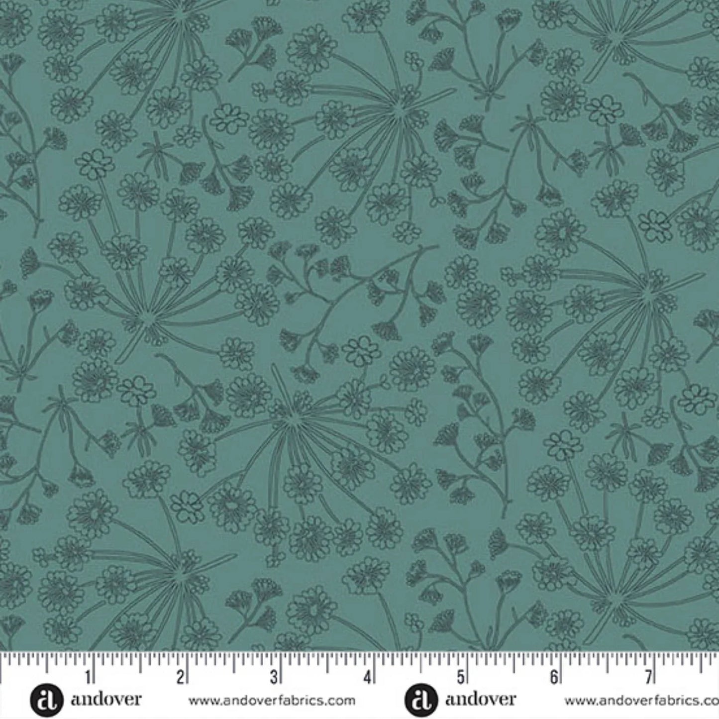 A repeating botanical pattern featuring delicate angelica wildflower stems and tiny blossoms on a cool teal-blue background. Ruler at the bottom for scale.