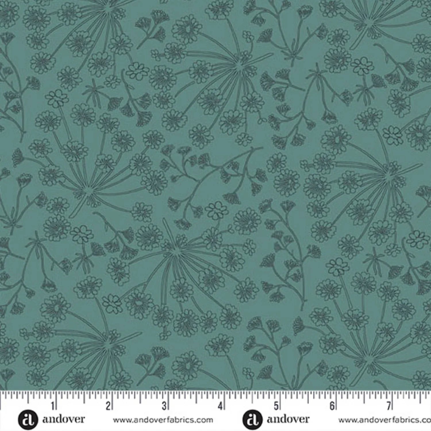 A repeating botanical pattern featuring delicate angelica wildflower stems and tiny blossoms on a cool teal-blue background. Ruler at the bottom for scale.