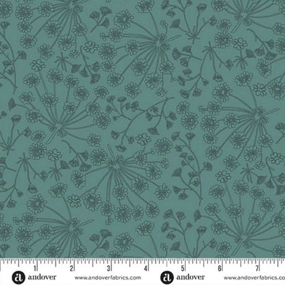 A repeating botanical pattern featuring delicate angelica wildflower stems and tiny blossoms on a cool teal-blue background. Ruler at the bottom for scale.