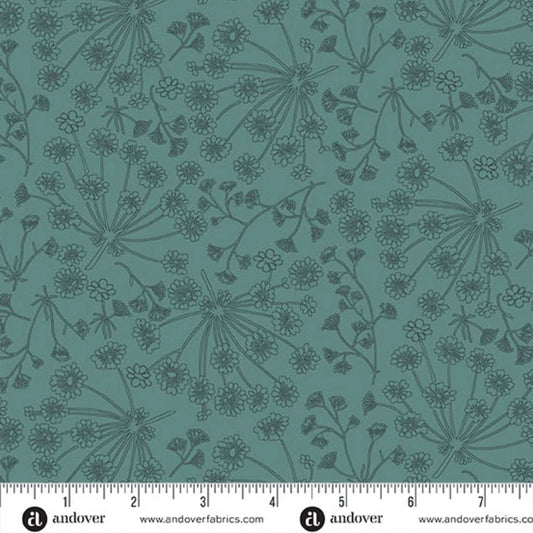 A repeating botanical pattern featuring delicate angelica wildflower stems and tiny blossoms on a cool teal-blue background. Ruler at the bottom for scale.