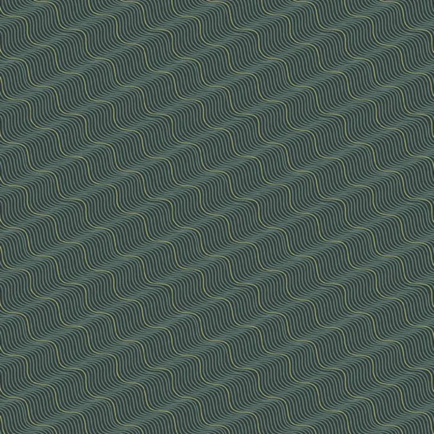 A repeating abstract pattern of pale olive and black wavy diagonal lines on a dark forest-green background.