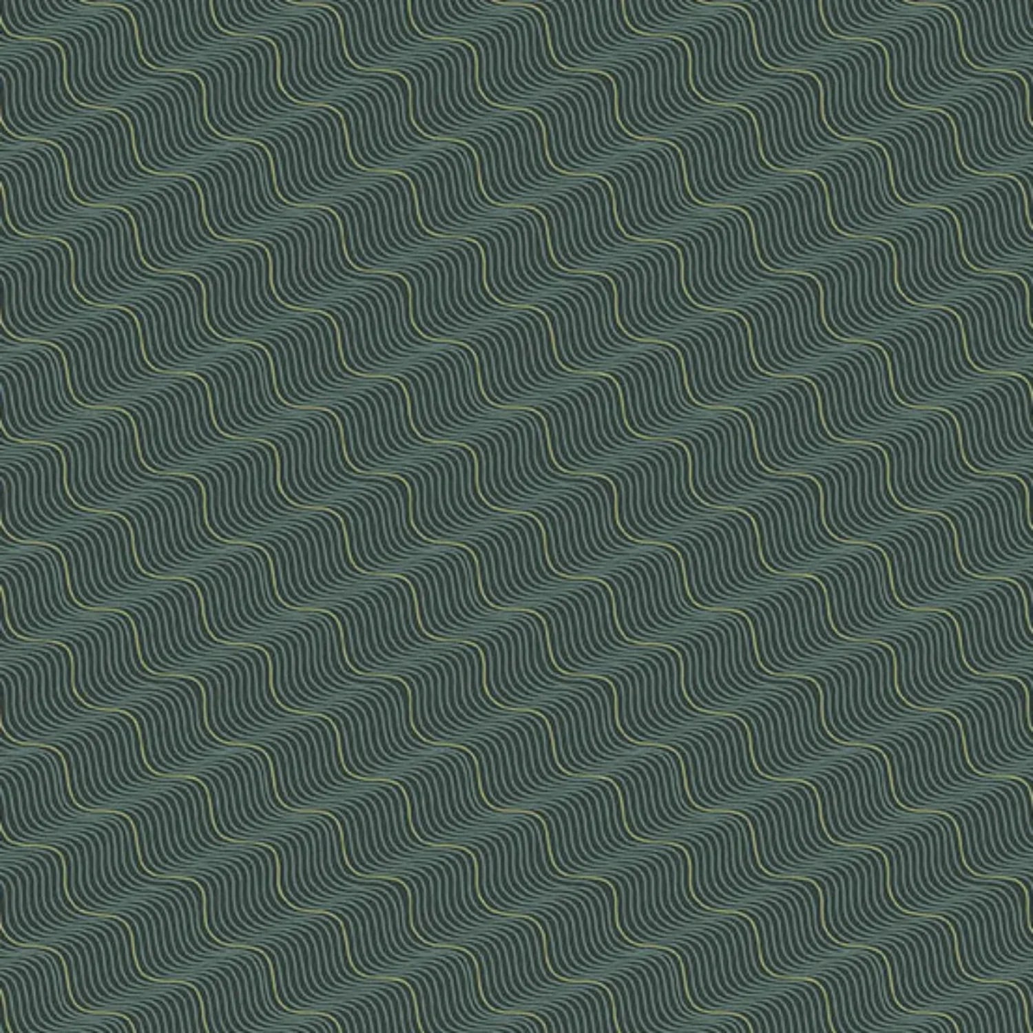A repeating abstract pattern of pale olive and black wavy diagonal lines on a dark forest-green background.