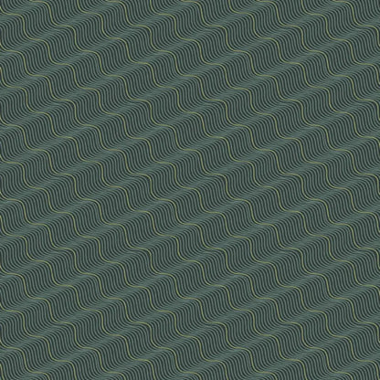 A repeating abstract pattern of pale olive and black wavy diagonal lines on a dark forest-green background.